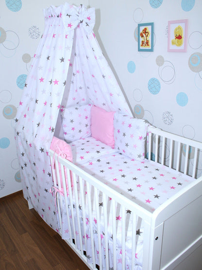 Baby Bettset mit Kissen Nestchen -Star in Rosa - 5-8 teilig mit Vollstoff Himmel