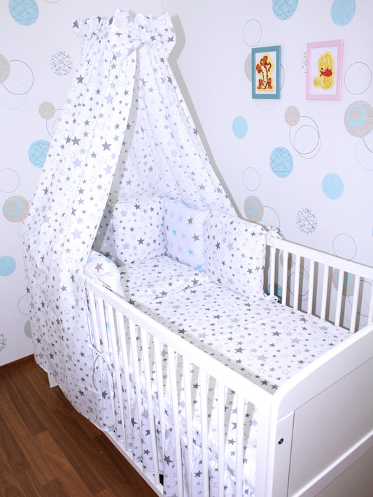 Baby Bettset mit Kissen Nestchen -Star Hell + Star Blau - 5-8 teilig mit Vollstoff Himmel