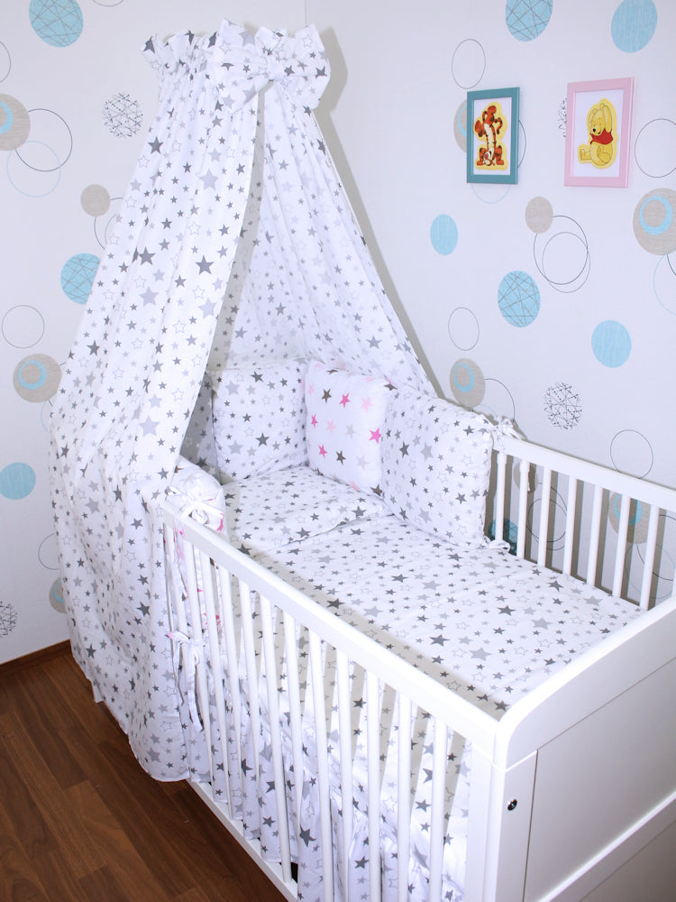 Baby Bettset mit Kissen Nestchen -Star Hell + Star Rosa - 5-8 teilig mit Vollstoff Himmel