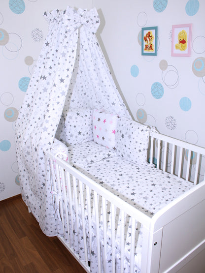 Baby Bettset mit Kissen Nestchen -Star Hell + Star Rosa - 5-8 teilig mit Vollstoff Himmel