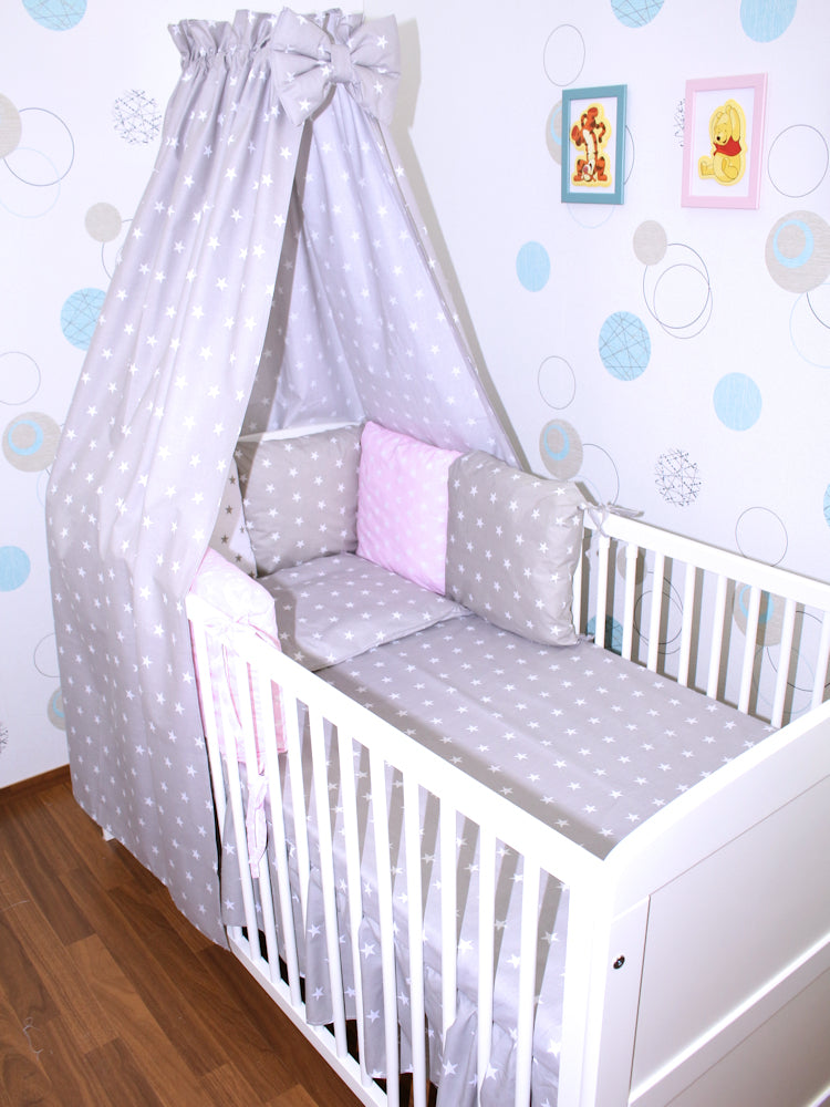 Baby Bettset mit Kissen Nestchen -Sternchen auf Grau + Sternchen auf Rosa - 5-11 teilig mit Vollstoff Himmel