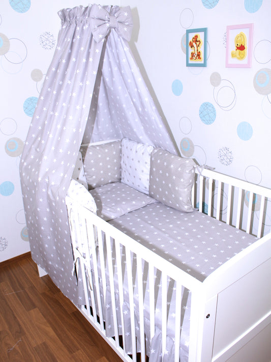 Baby Bettset mit Kissen Nestchen -Sternchen auf Grau + Sternchen auf Weiß - 5-8 teilig mit Vollstoff Himmel