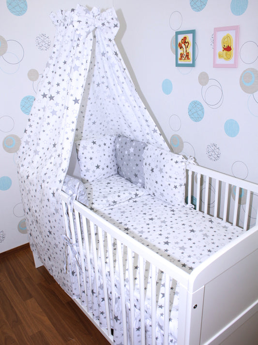 Baby Bettset mit Kissen Nestchen -Star Hell + Star Dunkel - 5-8 teilig mit Vollstoff Himmel