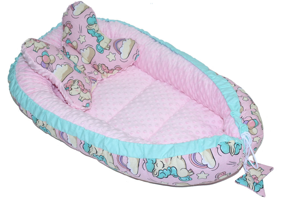 Kokon Baby Minky Nestchen - Einhorn+Rosa - 2-seitig Kuschelnest Reisebett
