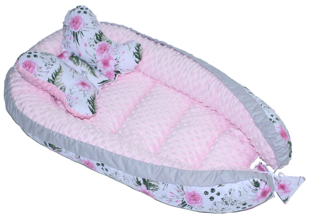 Kokon Baby Minky Nestchen - Flowers+Rosa - 2-seitig Kuschelnest Reisebett