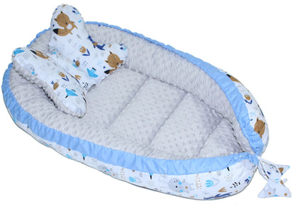 Kokon Baby Minky Nestchen - Waldtiere+Grau - 2-seitig Kuschelnest Reisebett