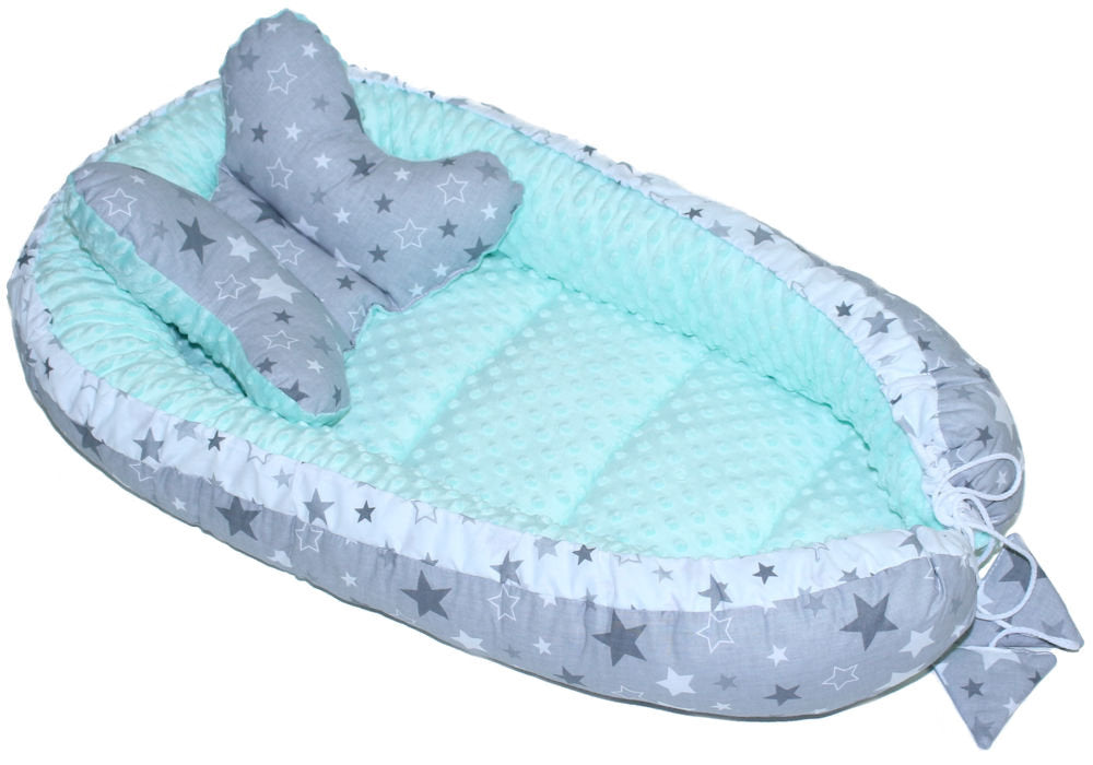 Kokon Baby Minky Nestchen - Star Dunkel+Minze - 2-seitig Kuschelnest Reisebett