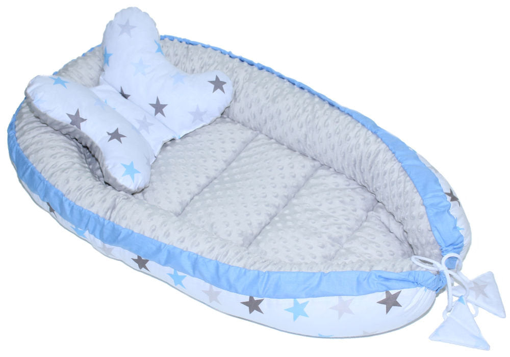 Kokon Baby Minky Nestchen - Star Blau+Grau - 2-seitig Kuschelnest Reisebett