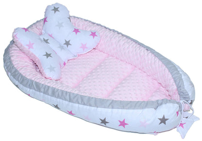 Kokon Baby Minky Nestchen - Star Rosa+Rosa - 2-seitig Kuschelnest Reisebett
