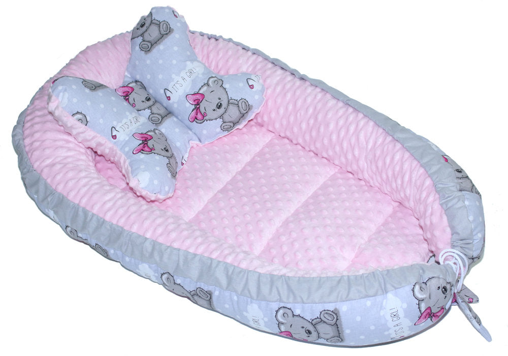 Kokon Baby Minky Nestchen - Girl+Rosa - 2-seitig Kuschelnest Reisebett