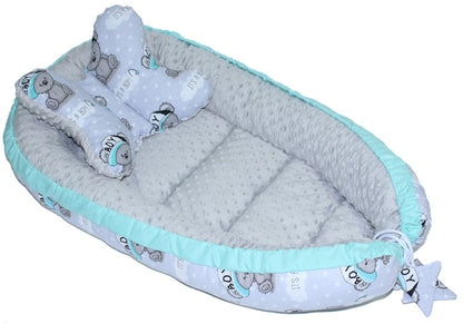 Kokon Baby Minky Nestchen - Boy+Grau - 2-seitig Kuschelnest Reisebett