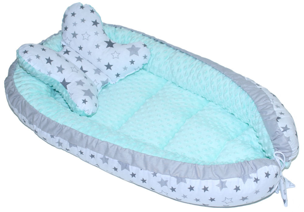 Kokon Baby Minky Nestchen - Star Hell+Minze - 2-seitig Kuschelnest Reisebett