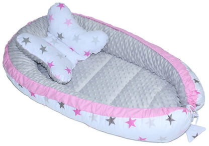 Kokon Baby Minky Nestchen - Star Rosa+Grau - 2-seitig Kuschelnest Reisebett