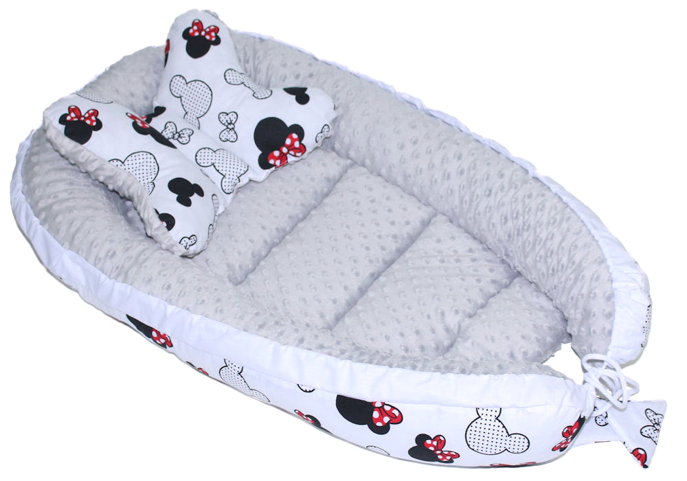Kokon Baby Minky Nestchen - Minnie+Grau - 2-seitig Kuschelnest Reisebett