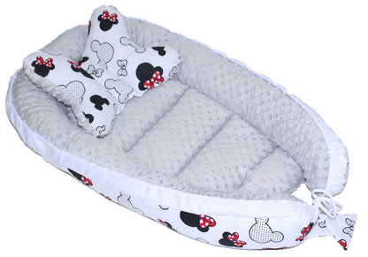 Kokon Baby Minky Nestchen - Minnie+Grau - 2-seitig Kuschelnest Reisebett
