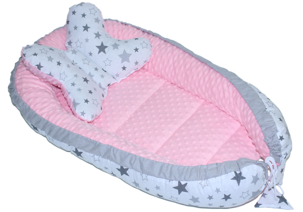 Kokon Baby Minky Nestchen - Star Hell+Rosa - 2-seitig Kuschelnest Reisebett