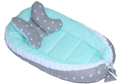 Kokon Baby Minky Nestchen - Sternchen auf Grau+Minze - 2-seitig Kuschelnest Reisebett