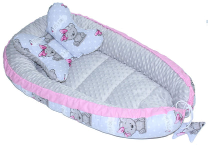 Kokon Baby Minky Nestchen - Girl+Grau - 2-seitig Kuschelnest Reisebett