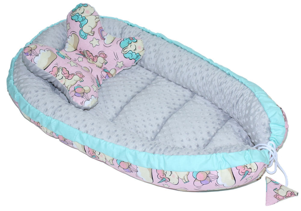 Kokon Baby Minky Nestchen - Einhorn+Grau - 2-seitig Kuschelnest Reisebett