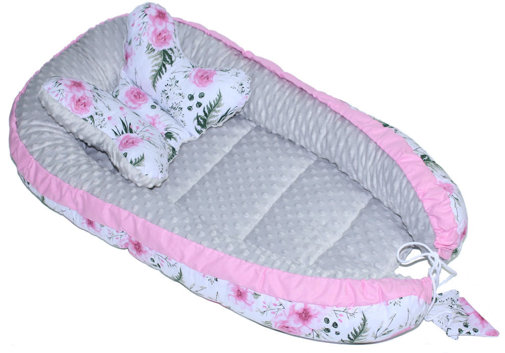 Kokon Baby Minky Nestchen - Flowers+Grau - 2-seitig Kuschelnest Reisebett