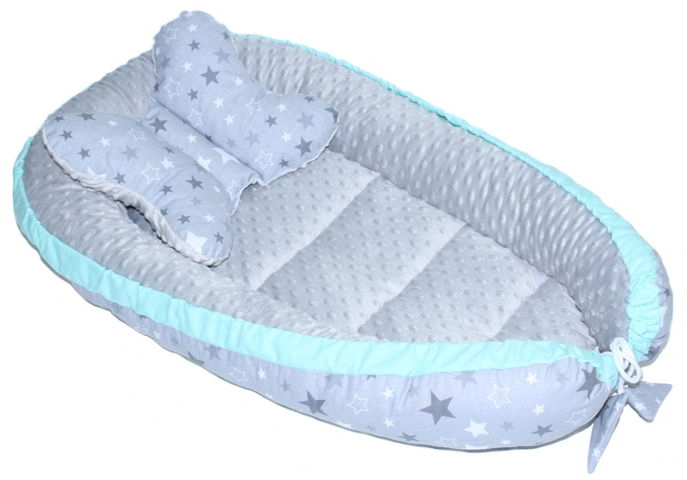 Kokon Baby Minky Nestchen - Star Dunkel+Grau - 2-seitig Kuschelnest Reisebett