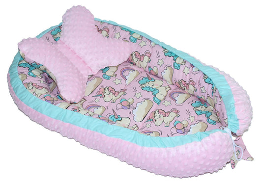 Kokon Baby Minky Nestchen - Einhorn+Rosa - 2-seitig Kuschelnest Reisebett