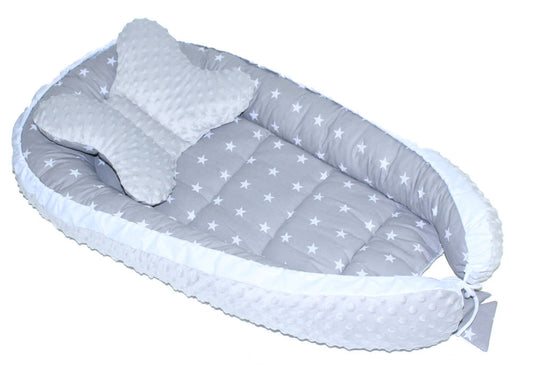 Kokon Baby Minky Nestchen - Sternchen auf Grau+Grau - 2-seitig Kuschelnest Reisebett