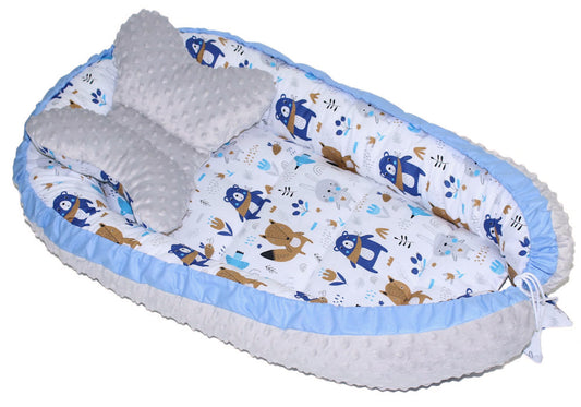 Kokon Baby Minky Nestchen - Waldtiere+Grau - 2-seitig Kuschelnest Reisebett