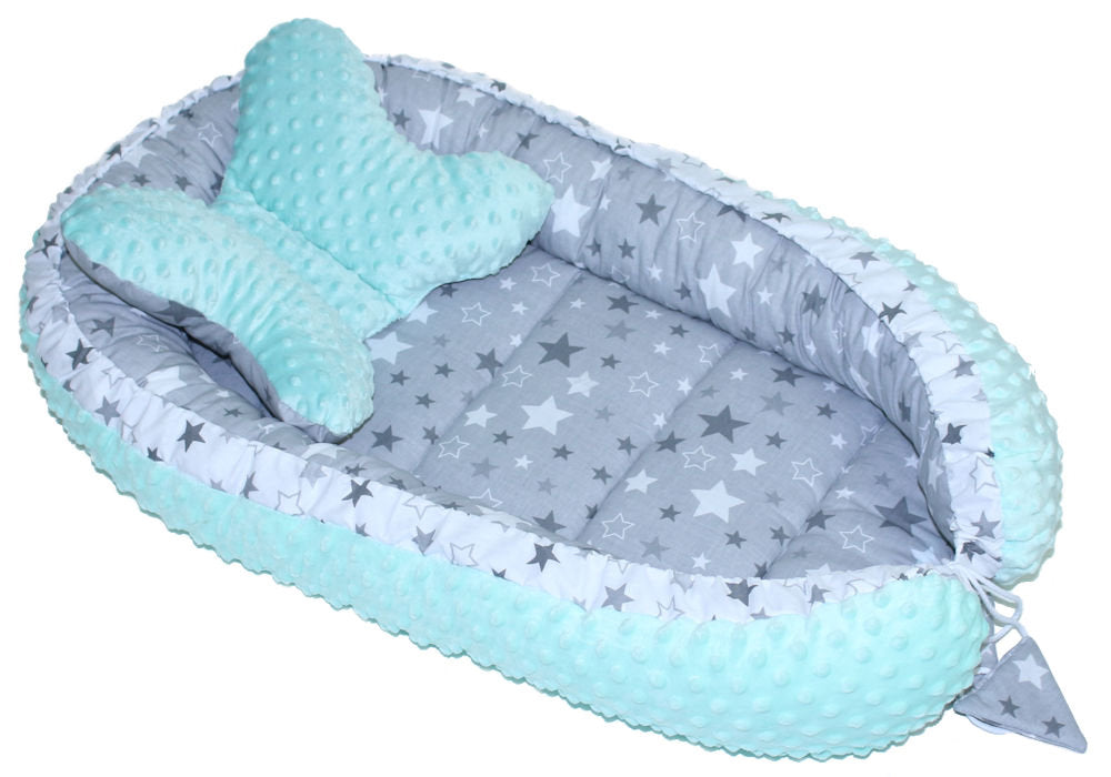 Kokon Baby Minky Nestchen - Star Dunkel+Minze - 2-seitig Kuschelnest Reisebett