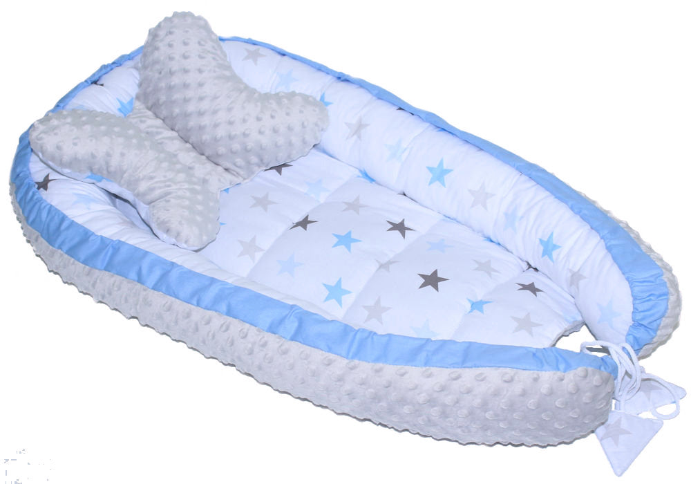 Kokon Baby Minky Nestchen - Star Blau+Grau - 2-seitig Kuschelnest Reisebett