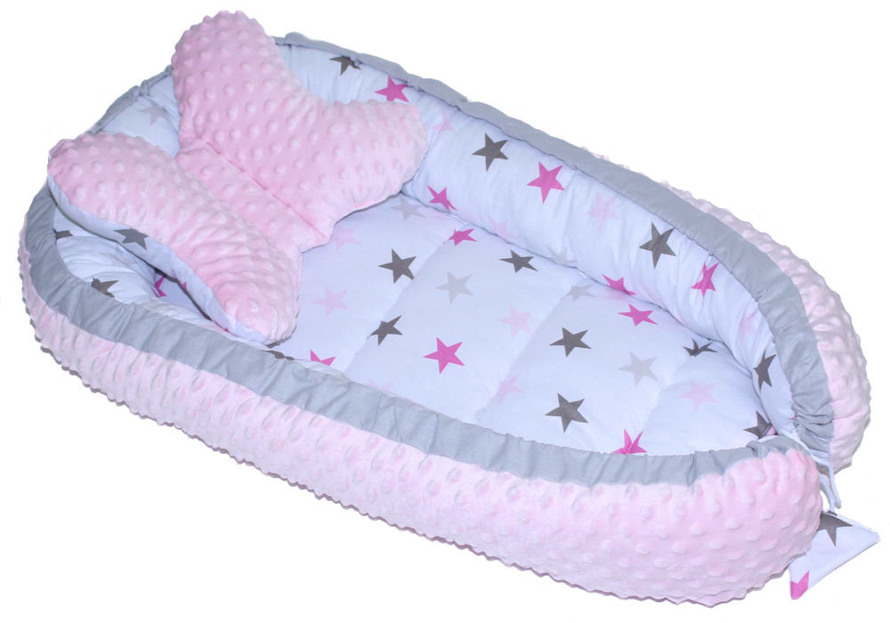 Kokon Baby Minky Nestchen - Star Rosa+Rosa - 2-seitig Kuschelnest Reisebett