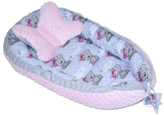 Kokon Baby Minky Nestchen - Girl+Rosa - 2-seitig Kuschelnest Reisebett