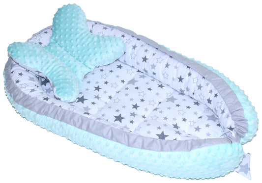 Kokon Baby Minky Nestchen - Star Hell+Minze - 2-seitig Kuschelnest Reisebett