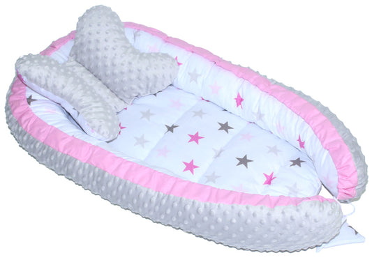 Kokon Baby Minky Nestchen - Star Rosa+Grau - 2-seitig Kuschelnest Reisebett