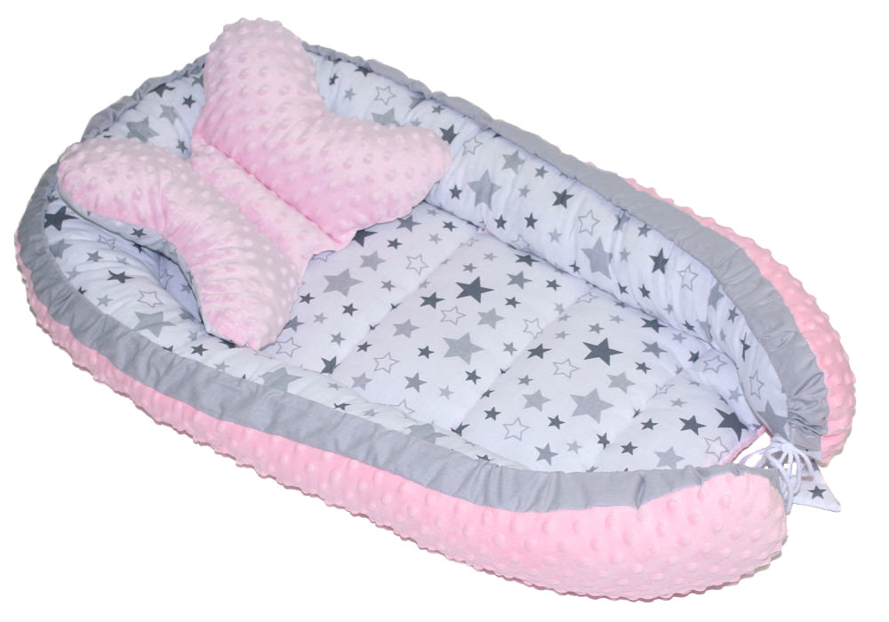 Kokon Baby Minky Nestchen - Star Hell+Rosa - 2-seitig Kuschelnest Reisebett