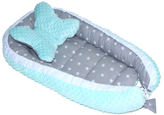 Kokon Baby Minky Nestchen - Sternchen auf Grau+Minze - 2-seitig Kuschelnest Reisebett