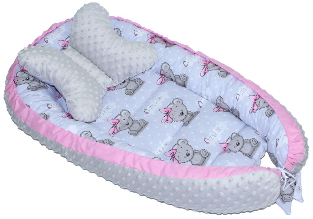 Kokon Baby Minky Nestchen - Girl+Grau - 2-seitig Kuschelnest Reisebett