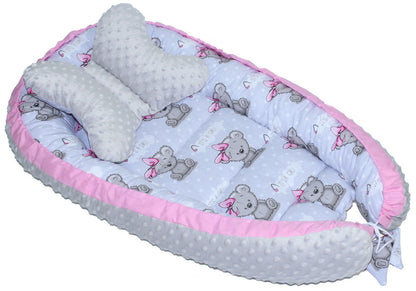 Kokon Baby Minky Nestchen - Girl+Grau - 2-seitig Kuschelnest Reisebett