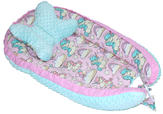 Kokon Baby Minky Nestchen - Einhorn+Minze - 2-seitig Kuschelnest Reisebett