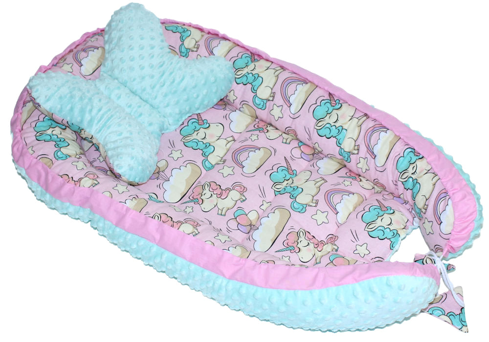 Kokon Baby Minky Nestchen - Einhorn+Minze - 2-seitig Kuschelnest Reisebett