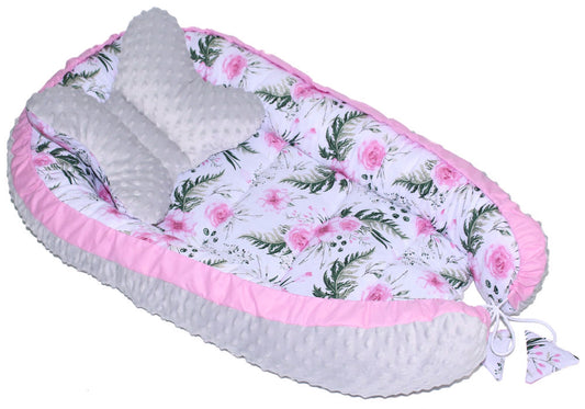 Kokon Baby Minky Nestchen - Flowers+Grau - 2-seitig Kuschelnest Reisebett