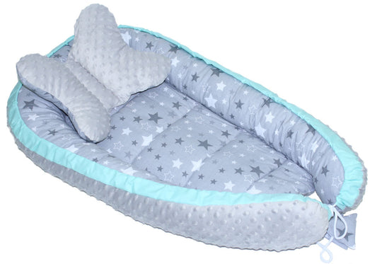 Kokon Baby Minky Nestchen - Star Dunkel+Grau - 2-seitig Kuschelnest Reisebett