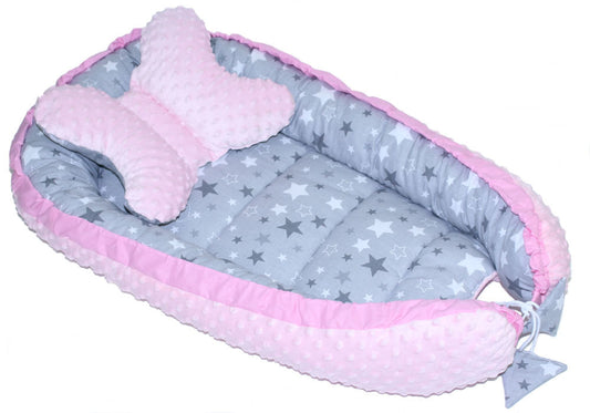 Kokon Baby Minky Nestchen - Star Dunkel+Rosa - 2-seitig Kuschelnest Reisebett
