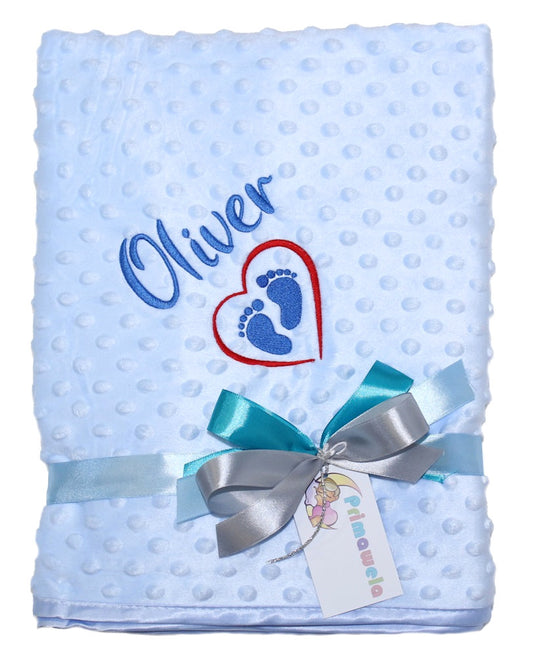 Babydecke mit Namen bestickt -Füße Herzchen - Blau mit Blau - Kuscheldecke