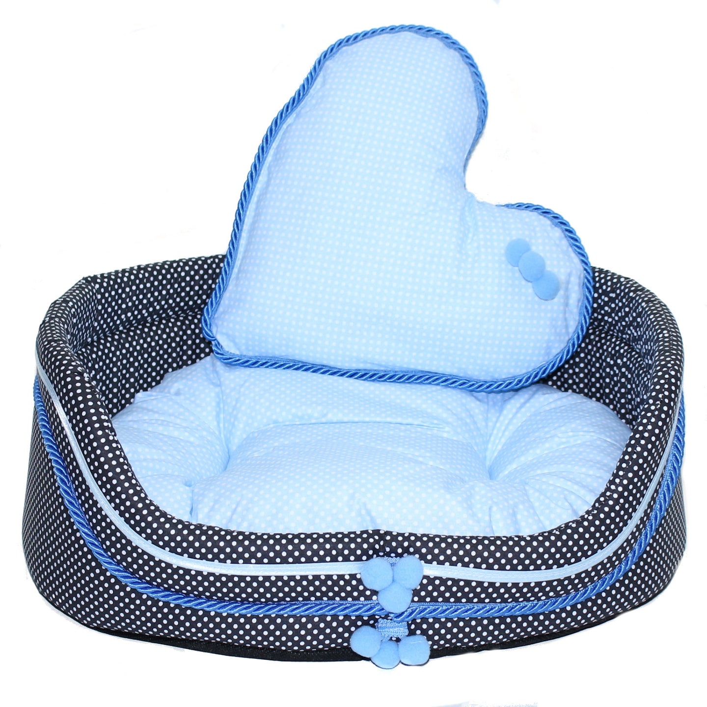 Hundebett - Bommel-Schwarz-Blau -  Katzenbett mit Herz Kissen Hunde Katze Kissen