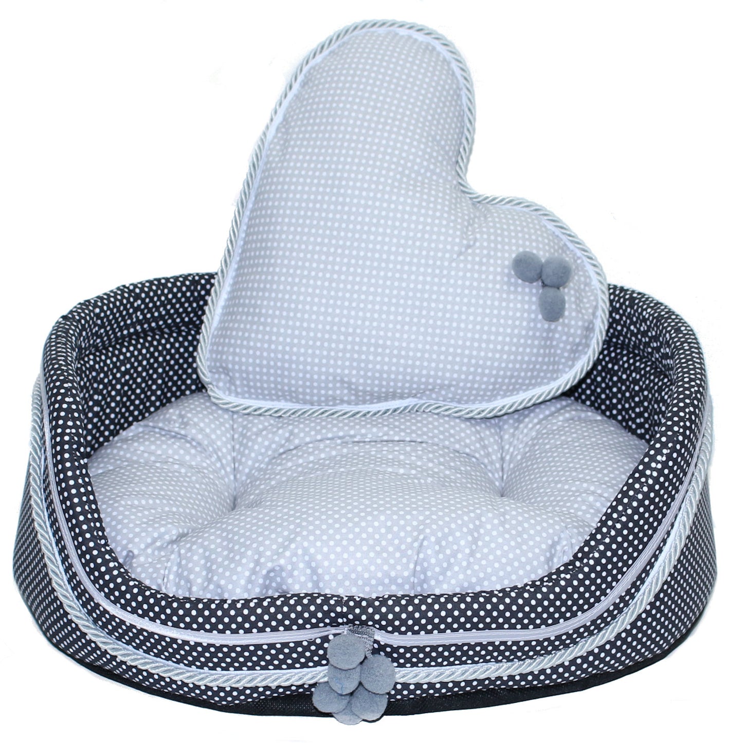 Hundebett - Bommel-Schwarz-Grau -  Katzenbett mit Herz Kissen Hunde Katze Kissen