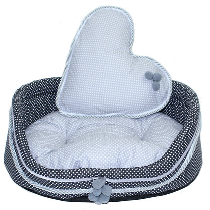 Hundebett - Bommel-Schwarz-Grau -  Katzenbett mit Herz Kissen Hunde Katze Kissen