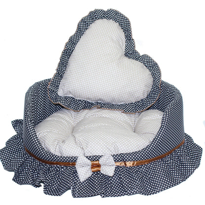 Hundebett - Schleife-Schwarz-Beige -  Katzenbett mit Herz Kissen Hunde Katze Kissen
