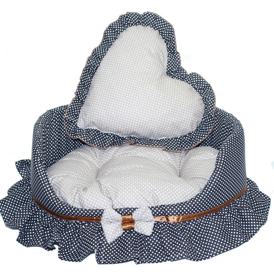 Hundebett - Schleife-Schwarz-Beige -  Katzenbett mit Herz Kissen Hunde Katze Kissen