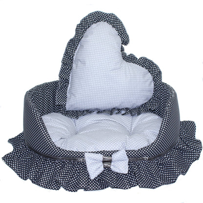 Hundebett - Schleife-Schwarz-Grau -  Katzenbett mit Herz Kissen Hunde Katze Kissen